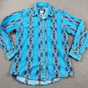 Wrangler Kids Western Shirt Large 10-12 Turquoise Aztec Geometric Pearl Snap